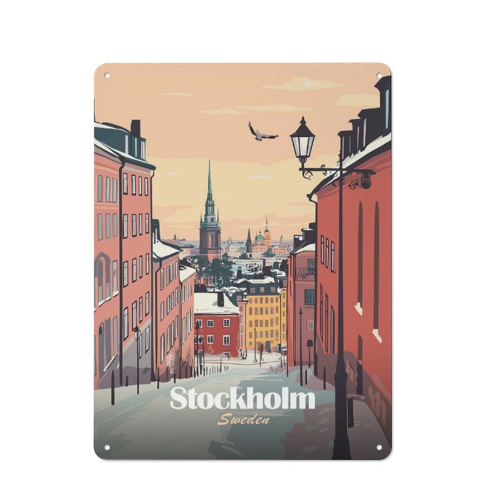 Junmoney Style-11 Stockholm, Sweden Cityscape Illustration Tin Sign 40X30cm, Modern Vintage Creative Space Decor For Hobby Room, Office, Lounge Or Living Room