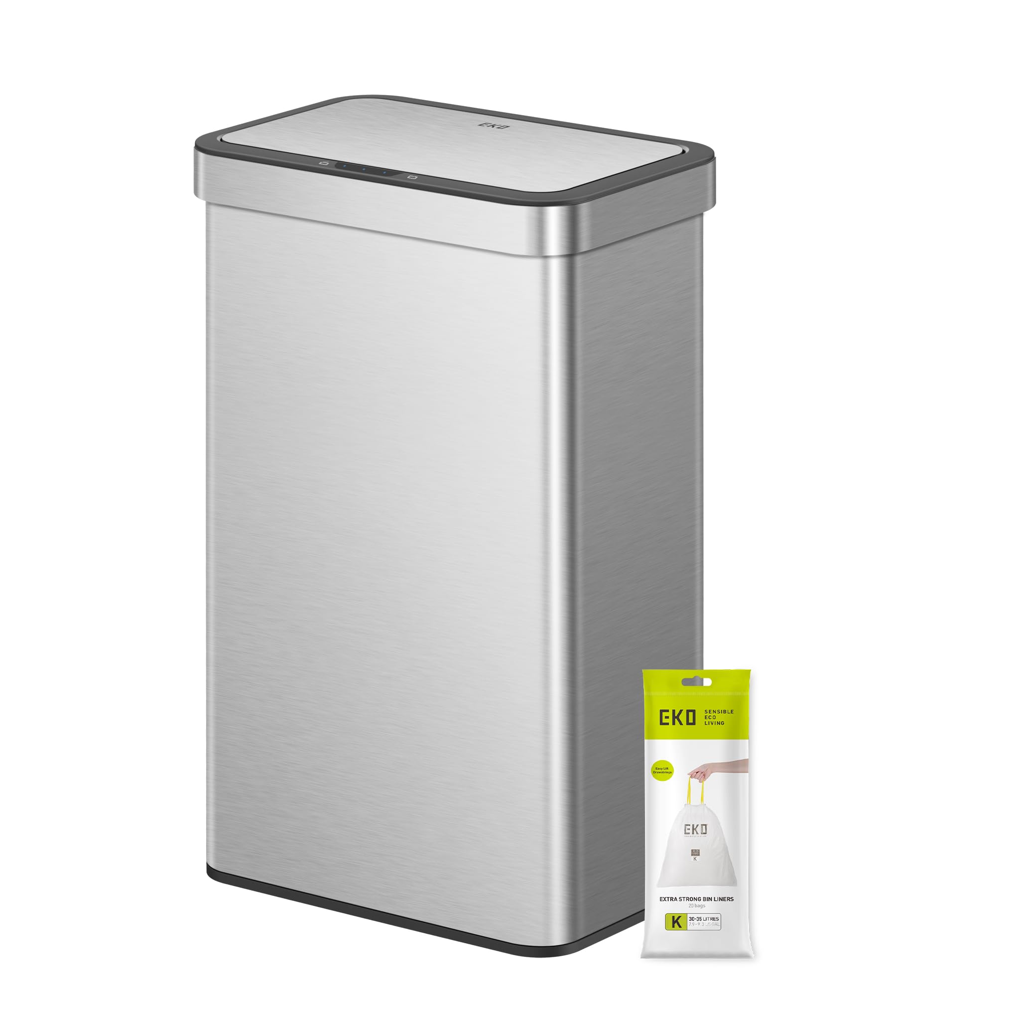 EKO Econova 70L Sensor Recycling Bin, Dual Compartment 2×35L Stainless Steel Automatic Kitchen Bin with Soft-Close Lid, Fingerprint-Resistant, Matt Metallic