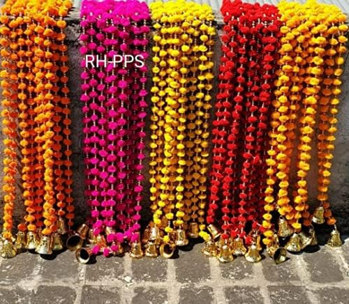 Indian Handmade Pom Pom Garland bells 5 feet approx pack of 5 garlands mixed colours diwali decor