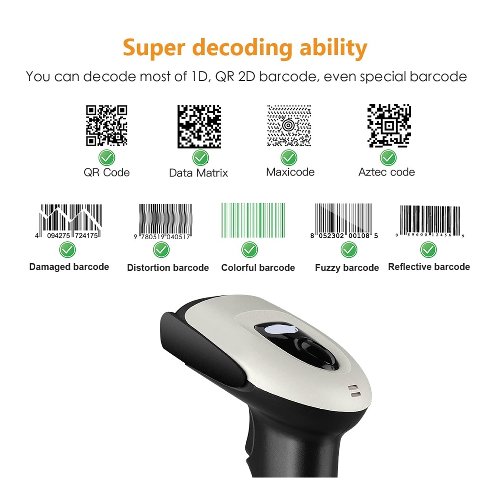 Escáner de código Barras 2D cableado, Mano USB Lector automático códigos 1D QR CCD Matriz Datos Código escaneo para Puntos de Venta en supermercados