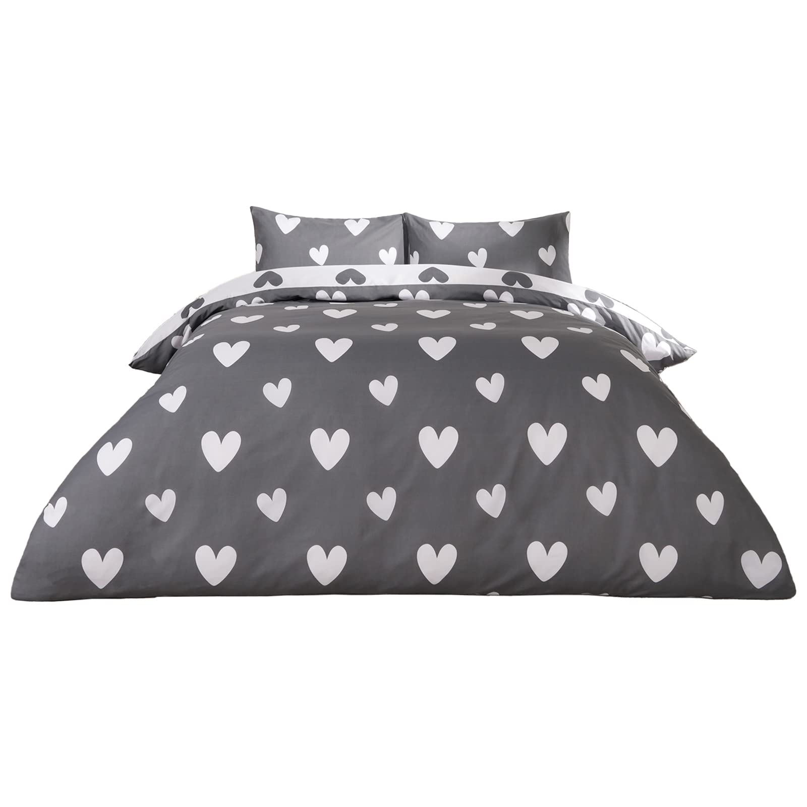 OHS Love Heart Printed Duvet Cover Set with Pillowcase - Double Size - Charcoal - Polycotton Blend