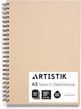 A3 Sketchbook - Pack of 1 Books, 80 Pages 40 Sheets Wire-O Portrait Drawing Pad for Heavy Mixed Media with Perforated 180gsm Acid-Free Cartridge Paper and Kraft Cloth Cover Sketch Book
