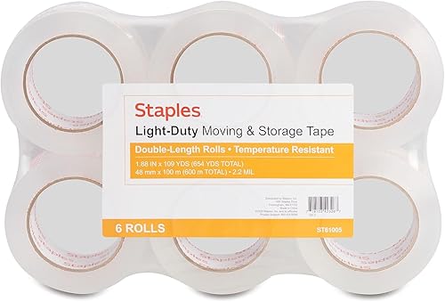 STAPLES 380107 - Cinta ligera para mudanza y almacenamiento, 1.88 pulgadas x 109 yardas, transparente 6/Rl