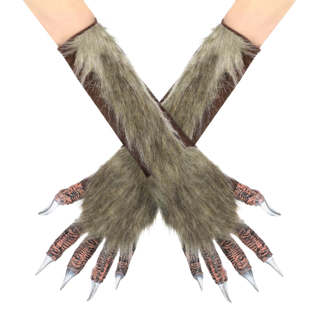 Xinchia Unisex Brown Halloween Werewolf Animal Furry Claw Paw Gloves - Hairy Hands Wolf Bear Paw Elbow Gloves With Long Nails - Scary Fancy Dress Party Cosplay Costume Dress Up Props