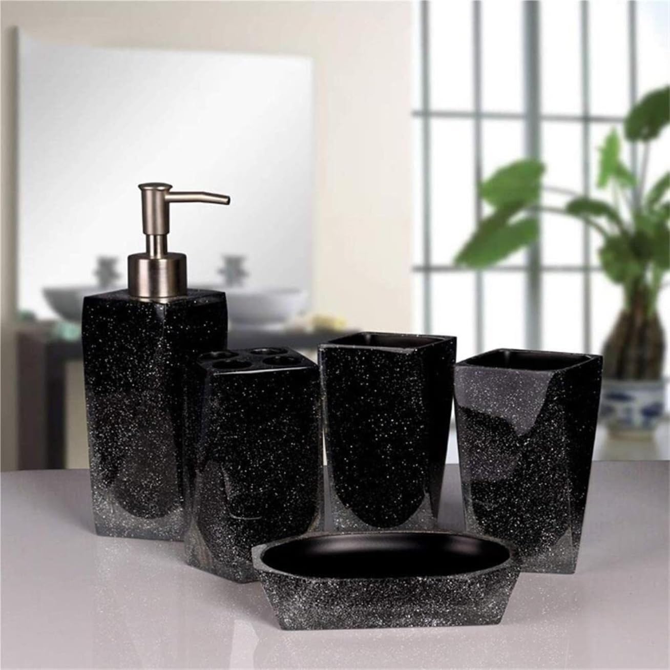 Set Dispensador Jabón Dispensador De Jabón Resina, Juego Accesorios para Baño, Vaso para Gárgaras, Jabonera, Soporte para Cepillo Dientes, 5 Piezas Baño