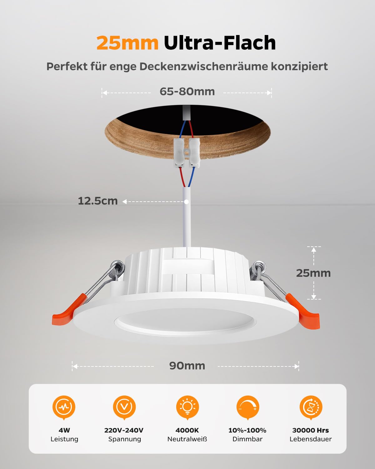 LED Einbaustrahler 230V Dimmbar, 4W LED Spots 68mm 4000K Neutralweiß, 25mm Ultra Flach Deckenspots, IP44 Spots Deckenleuchte Einbauleuchten für Badezimmer Küche Wohnzimmer, 12er Set