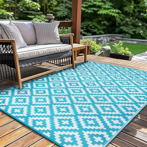 Jyswx Tappeto impermeabile per esterni, 150 x 240 cm, reversibile, antiscivolo, in plastica, facile da pulire, tappeto da giardino per patio, terrazza, campeggio, spiaggia, picnic, cortile (blu e