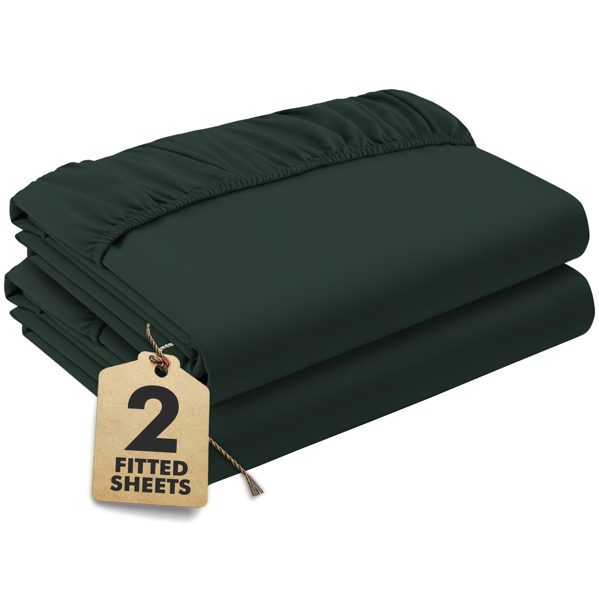 Dark Green Fitted Sheet King Beds (150×200 cm, Deep 35 cm) – Pack of 2 Soft Microfibre Elasticated Cover – Breathable, Durable & Easy Care Bottom Sheet