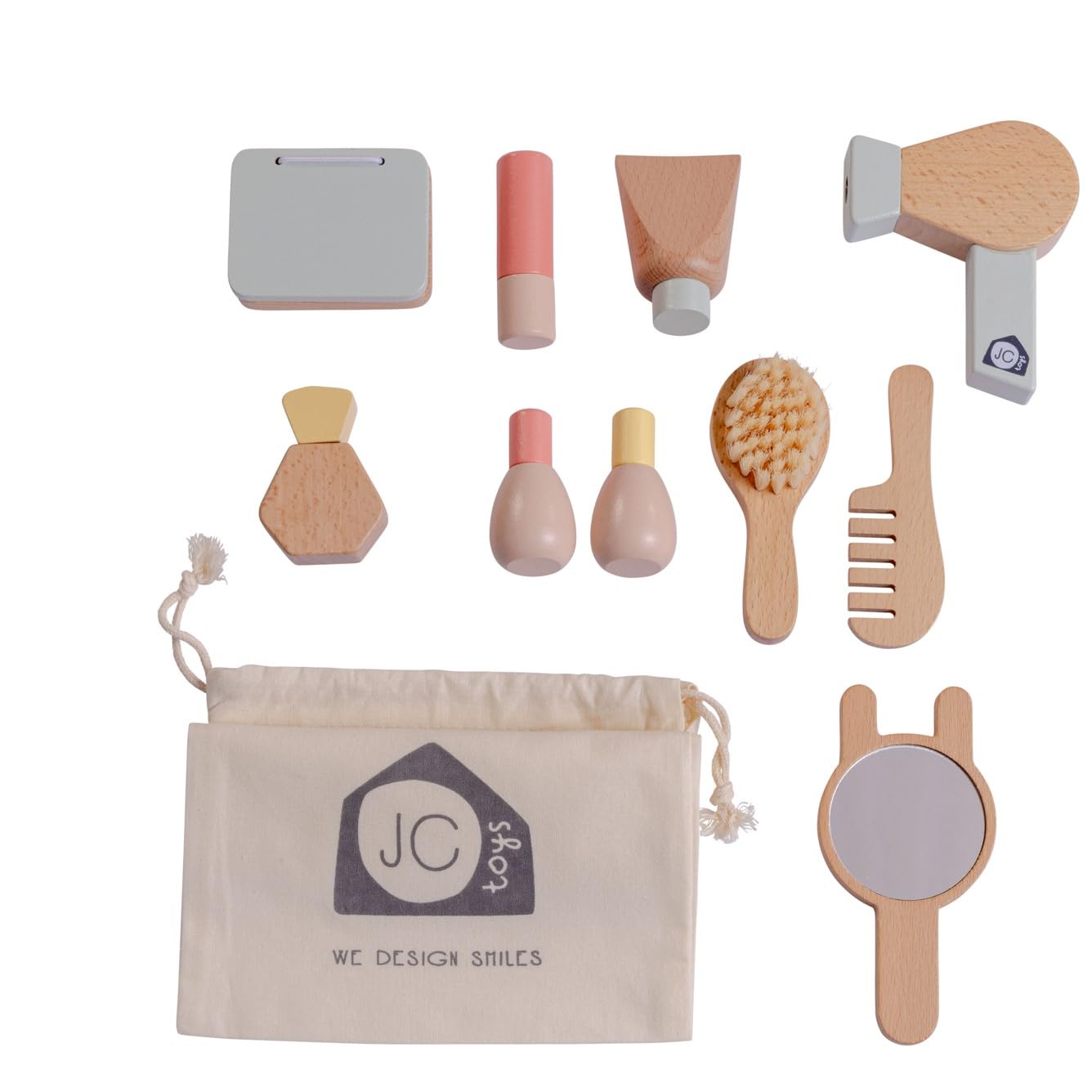 JC TOYS - Set di trucco per bambini, 10 pezzi, set di legno, accessori per il trucco per le ragazze, giochi di simulazione, include borsa per riporre, ideale come regalo, + 3 anni