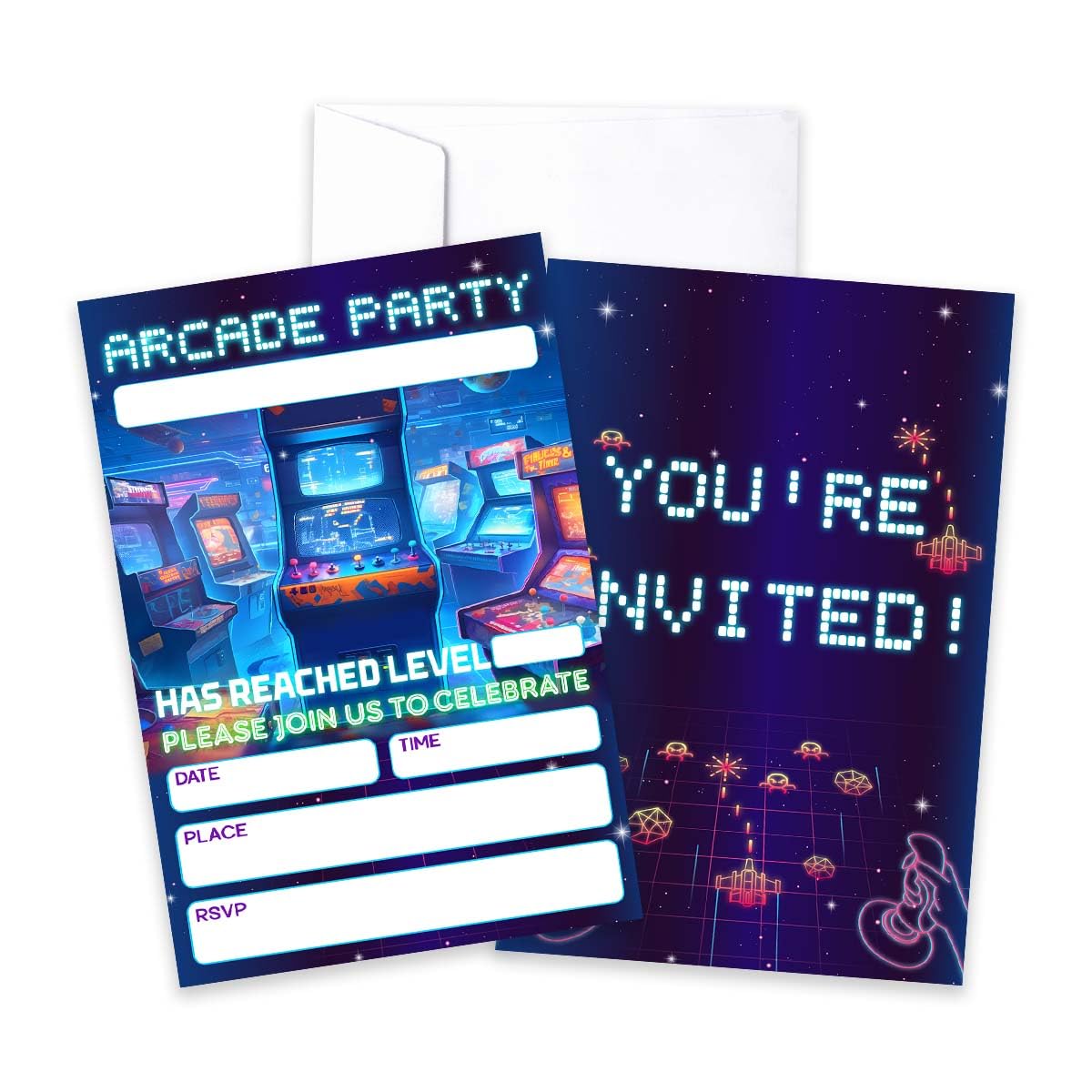 CLIRBE Arcard Games Birthday Party Invitations, Glow Neon Games Birthday Invitations For Brother Bro Teen Boys Girls, 20 Invites Cards With 20 Envelopes, Party Supplies Favors -H12