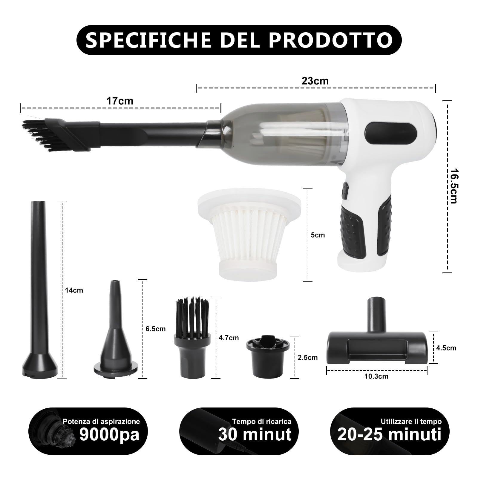 Jirmerp 3 in 1 Aspirapolvere Auto 9000P Aaspirapolvere portatile Aspirabriciole Senza Fili con Ricarica di Tipo C Aspirabriciole per Auto, Cucina, Casa, peli di Animali Domestici