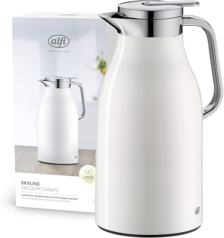 alfi SKYLINE 1,5 l, jarra isotérmica de acero inoxidable con inserción higiénica de vidrio duro, tapón de rosca con cómodo pulsador, mango ergonómico a una mano, ideal como jarra de café o té, sin BPA