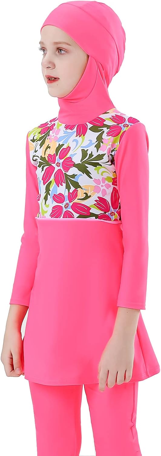 ODIZLI Kids Girls' Rash Guard Sets Islamic Hijab Swimwear Muslim Modest Long Sleeves Shorts Pants Beachwear Hoodie Hat 2 PCS