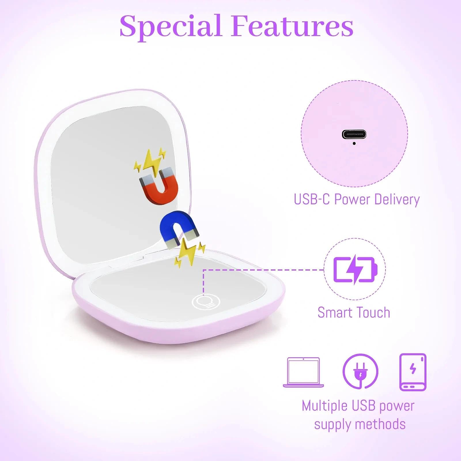 Collazoey LED Specchio Ingranditore, 1X/10X Specchietto da Borsetta, Chargement par USB, 3 Luci Regolabile Portatile Specchio da Viaggio, Interruttore Magnetico Pieghevole Piccolo Mirror (Viola)