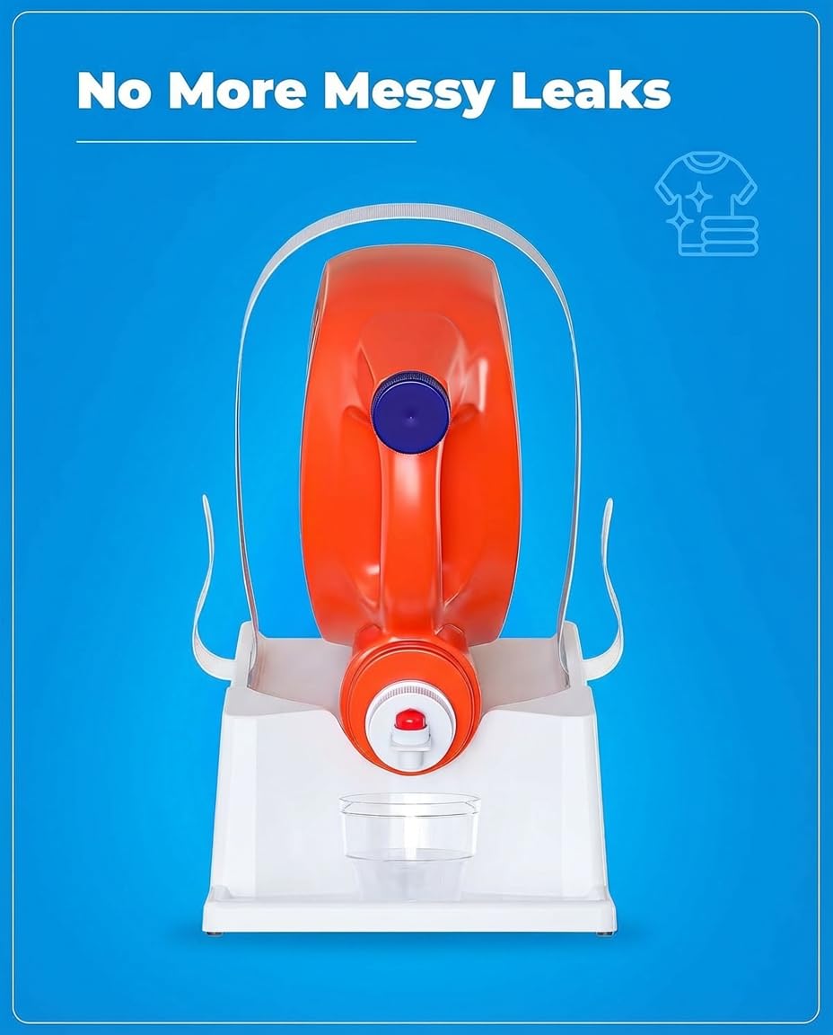 TidyFriend - Dispensador de detergente líquido antiderrames, soporte dispensador de jabón de lavandería con bandeja de goteo para organización de lavandería (sin correa, blanco)