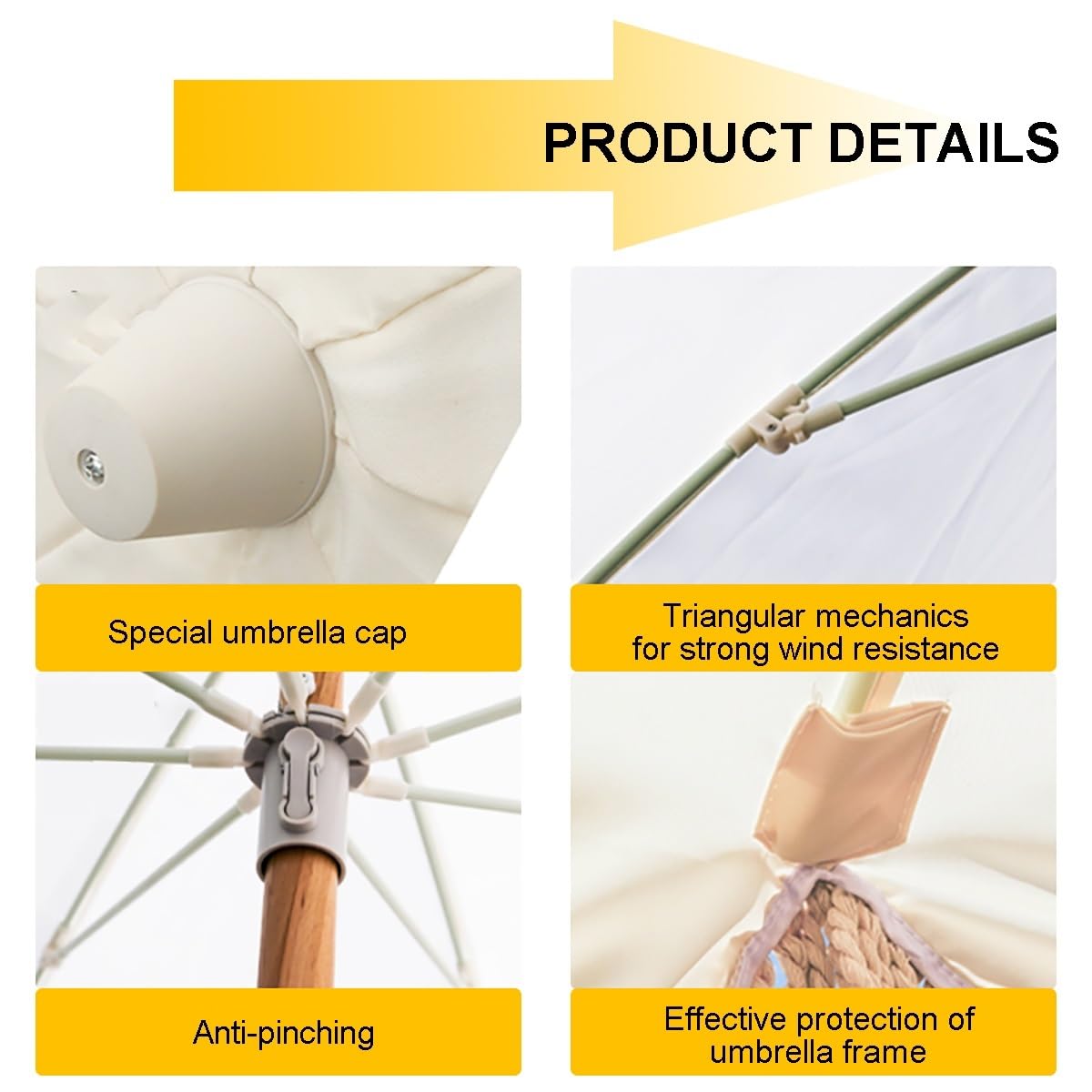 2.0m Parasol De Terrasse, Parasol De Plage Bohème En Bois Avec Ancrage, UV 50+, Baleines En Fibre De Verre, Blanc