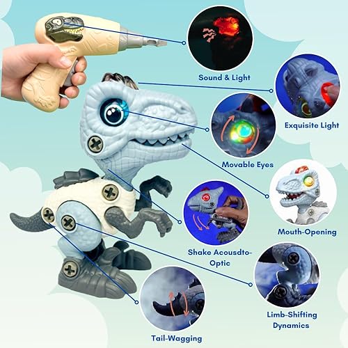 Miniatura 4 de Juego de juguetes eléctricos de dinosaurios desmontables, paquete de 5 juguetes educativos de construcción de dinosaurios con sonido y luz, juguetes