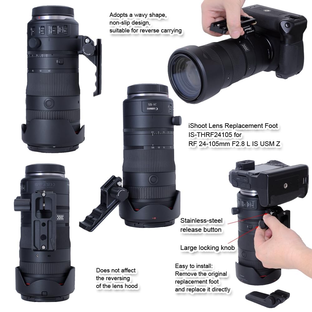 Pied de rechange pour trépied compatible avec objectif Canon RF 24-105 mm F2.8 L IS USM Z, support de support Arca-Swiss Fit plaque à dégagement rapide pour stabilisateur de pince Arca