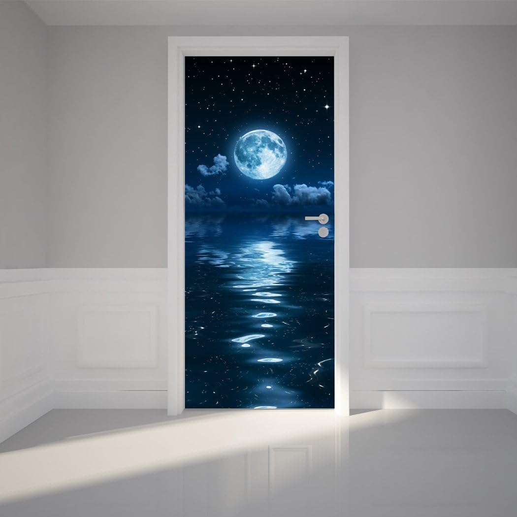 Door Wall Sticker Moon and Clouds - Peel & Stick Repositionable Fabric Mural