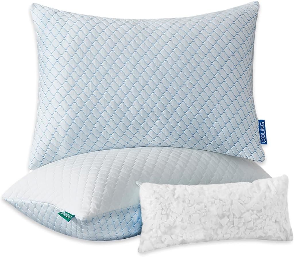 Uniqwamer Cooling Bed Pillows for Sleeping 2 Pack Shredded Memory Foam Adjustable Pillows Standard Size Set of 2 for Side Back Sleepers - Luxury Extra Comfy Gel Pillows with Washable Removable CoverOEKO-TEX STANDARD 100