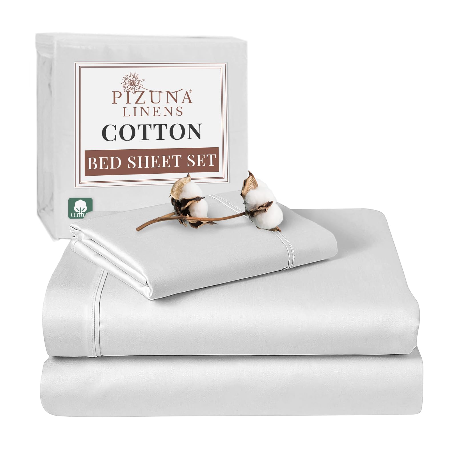 Pizuna Pure Combed Cotton Single Bed Sheet Set White,400 Thread Count Cozy Luxury 100% Long Staple Cotton Sateen Weave Bed Sheet Set (1 Flat Sheet, 1 Fitted Sheet, 1 Pillowcase)