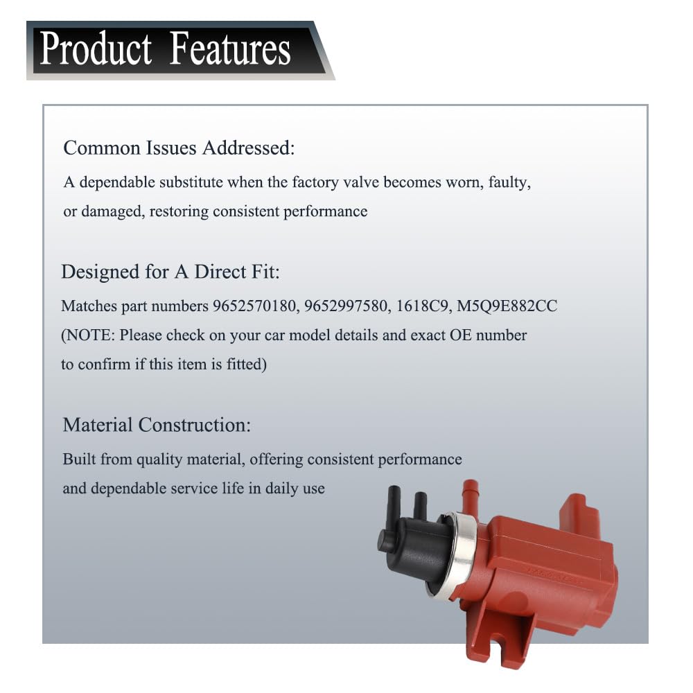 Vanne électromagnétique de pression turbo compatible avec Peugeot Partner 206 207 307 308 607, convient pour Ford Focus Fiesta Focus Fusion, convient pour Citroën BERLINGO C4 C5