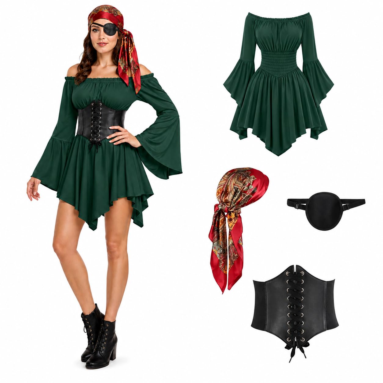 Pirate Costume Women, 4Pcs Pirate Role Play Outfit Kit with Off Shoulder Dress Eye Patch Waistband Headscarf for Adult Halloween Medieval Viking Costume Cosplay Party Stage Performance