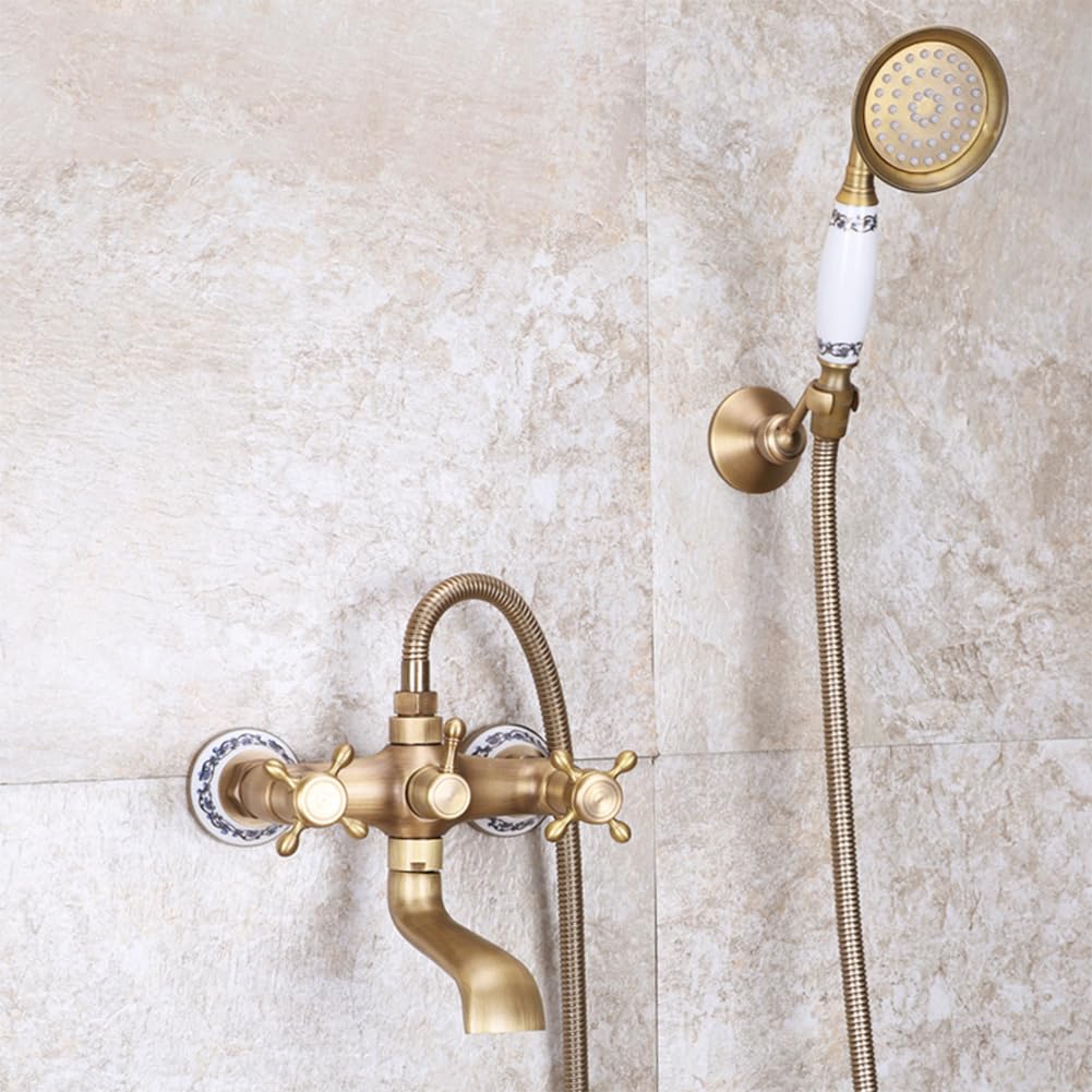 Rubinetto Vasca Da Bagno - Antico Ottone Doppia Leva Parete Miscelatore Vasca Da Bagno Doccia, Con Doccetta