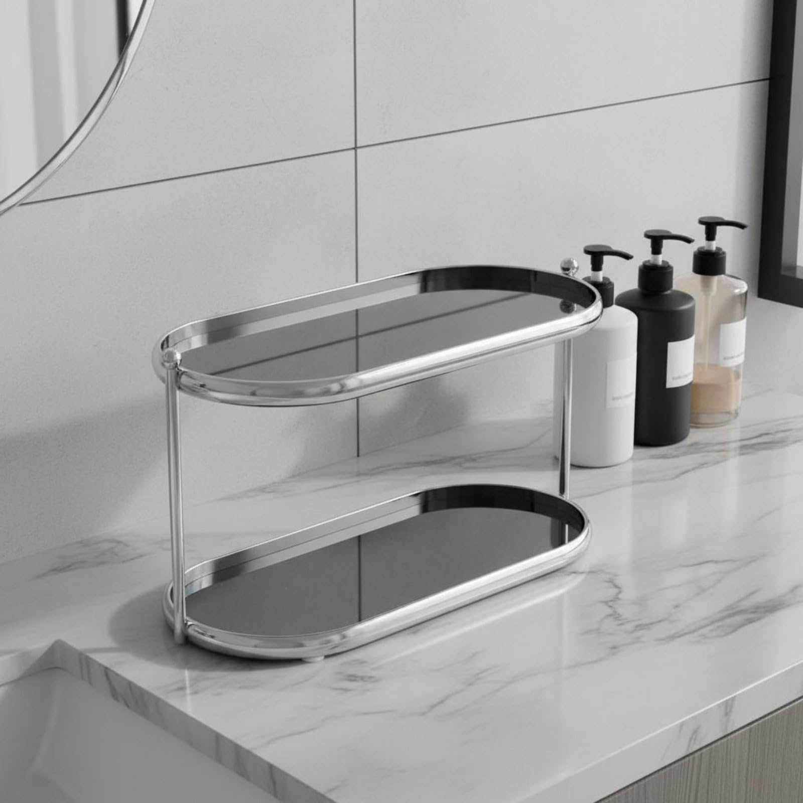 Organizador de Cosméticos Soporte para Maquillaje Estante Acrílico Bandeja de Perfume Organizador Vertical Adecuado para Tocador Mesa Habitación Principal, Plateado Y Crema, Dos Niveles