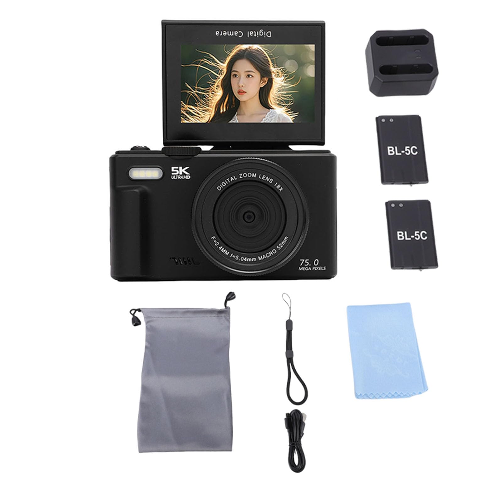 Camera Digitale 5k 75 MP con WiFi, Autofocus Zoom 18x, Schermo di Lancio da 3 Pollici, Fotocamera Vlogging con Carta da 32 GB