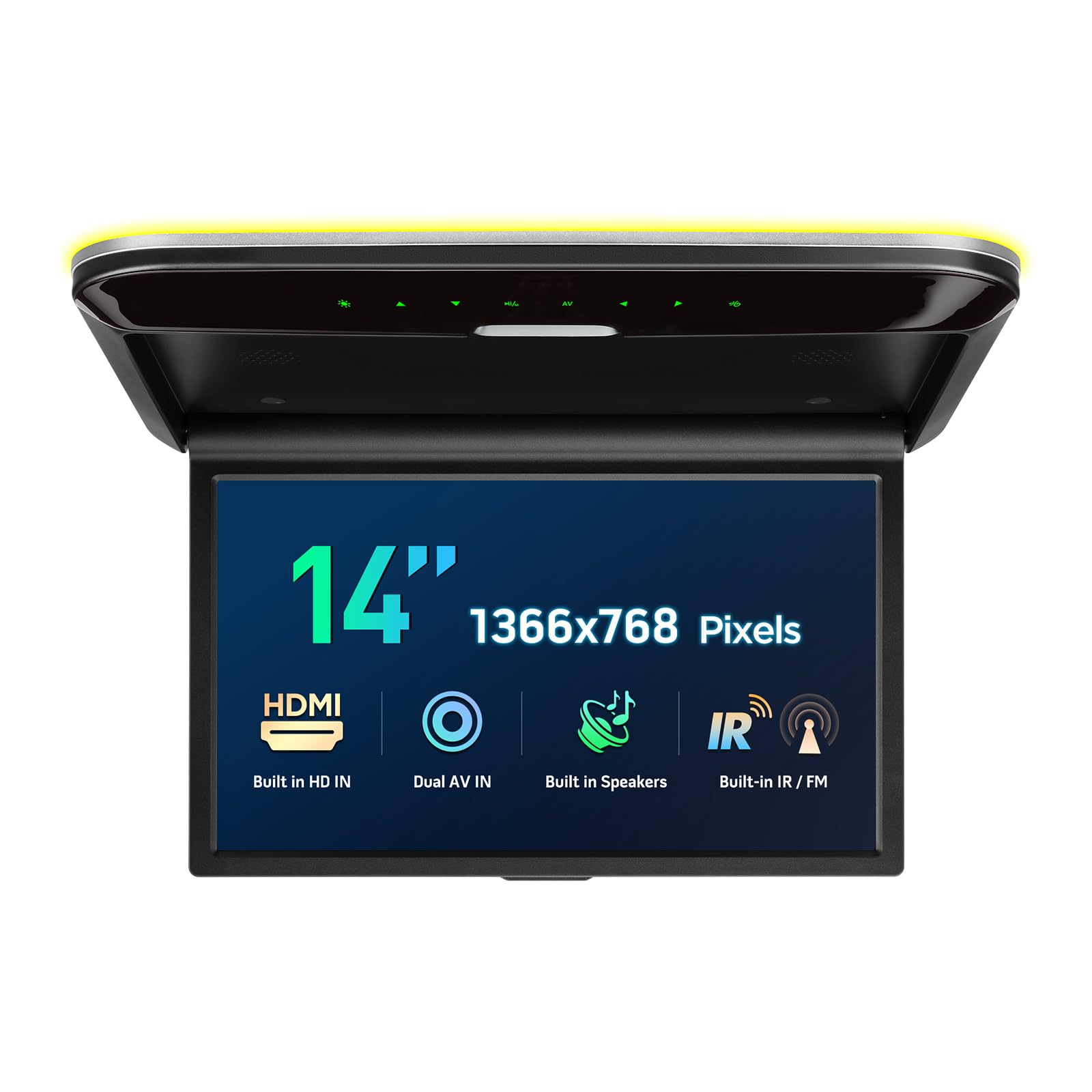 XTRONS 14 Zoll ultradünner Dachmonitor, integrierte Stereolautsprecher Multimedia-Eingang IR/FM Sender HDMI Dual-AV USB-Eingang,Unterstützung von 1366 * 768 Pixeln 1080P-Videowiedergabe