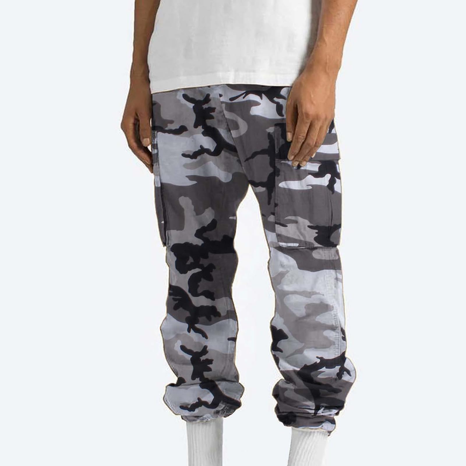 Cargohose Herren Baggy Camouflage Hose Elastischer Bund Arbeitshose Leichte Männer Jogginghose Gerade Beinform Sporthose Freizeit Wanderhose mit Taschen Outdoorhose Laufhose Freizeithose Latzhose