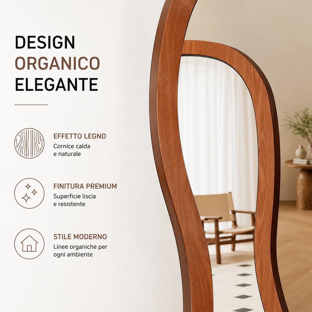 Shally Dogan Specchio ad Onda Rovere Figura Intera Indipendente Autoportante con Struttura in Legno da Pavimento Terra, Design Moderno, Decorazione da Interni per Camera da Letto, Ingresso 160 x 60 cm