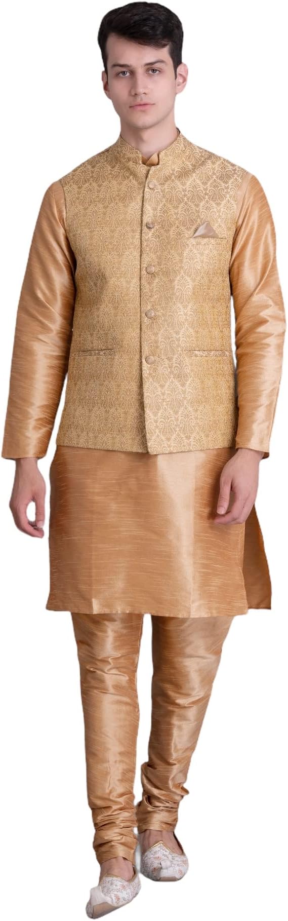 Uri and MacKenzie Men's Silk Blend Regular Kurta Churidar Pyjama with Bundi Nehru Jacket/Waistcoat