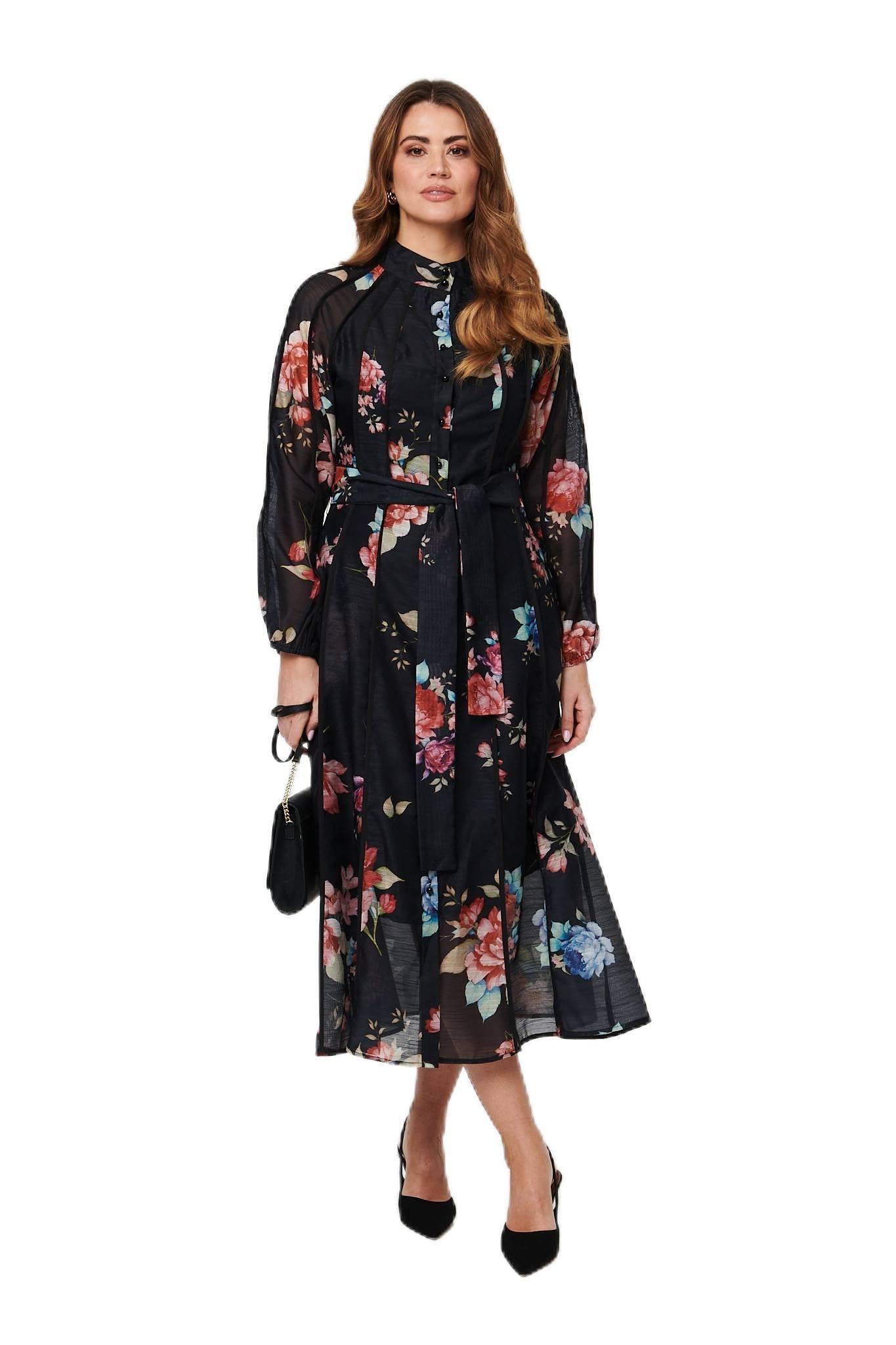 Izabel London Floral Semi Sheer Tie Waist Midi Dress for Women UK with Long Sleeves and a high Neck. Black