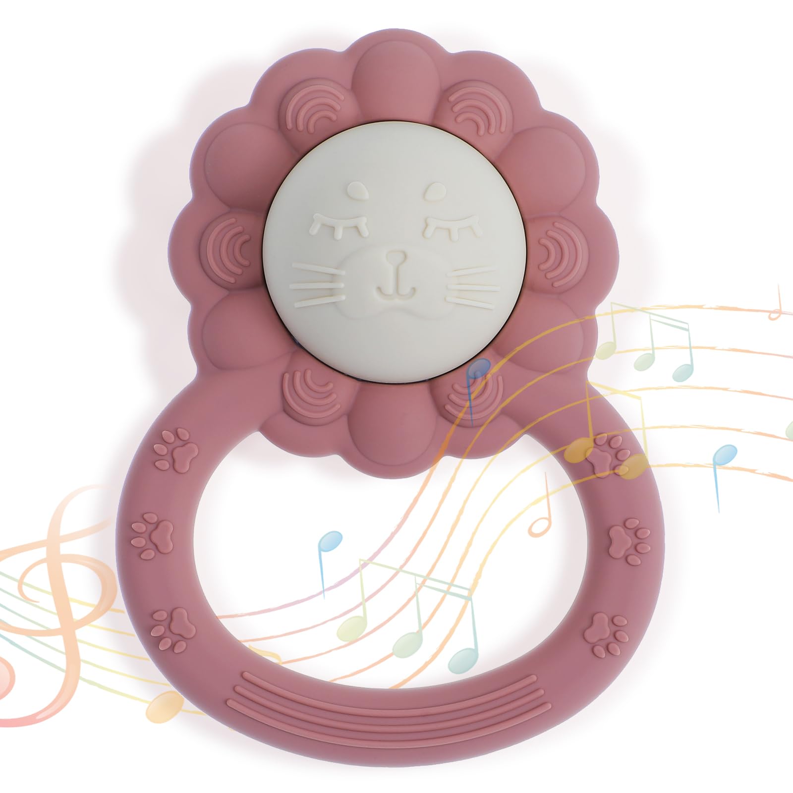 meanus Silikon Babyrassel Beißring, Löwenform Baby Spielzeug für Sinnes und Kauentwicklung, BPA-frei (Powder Rose)