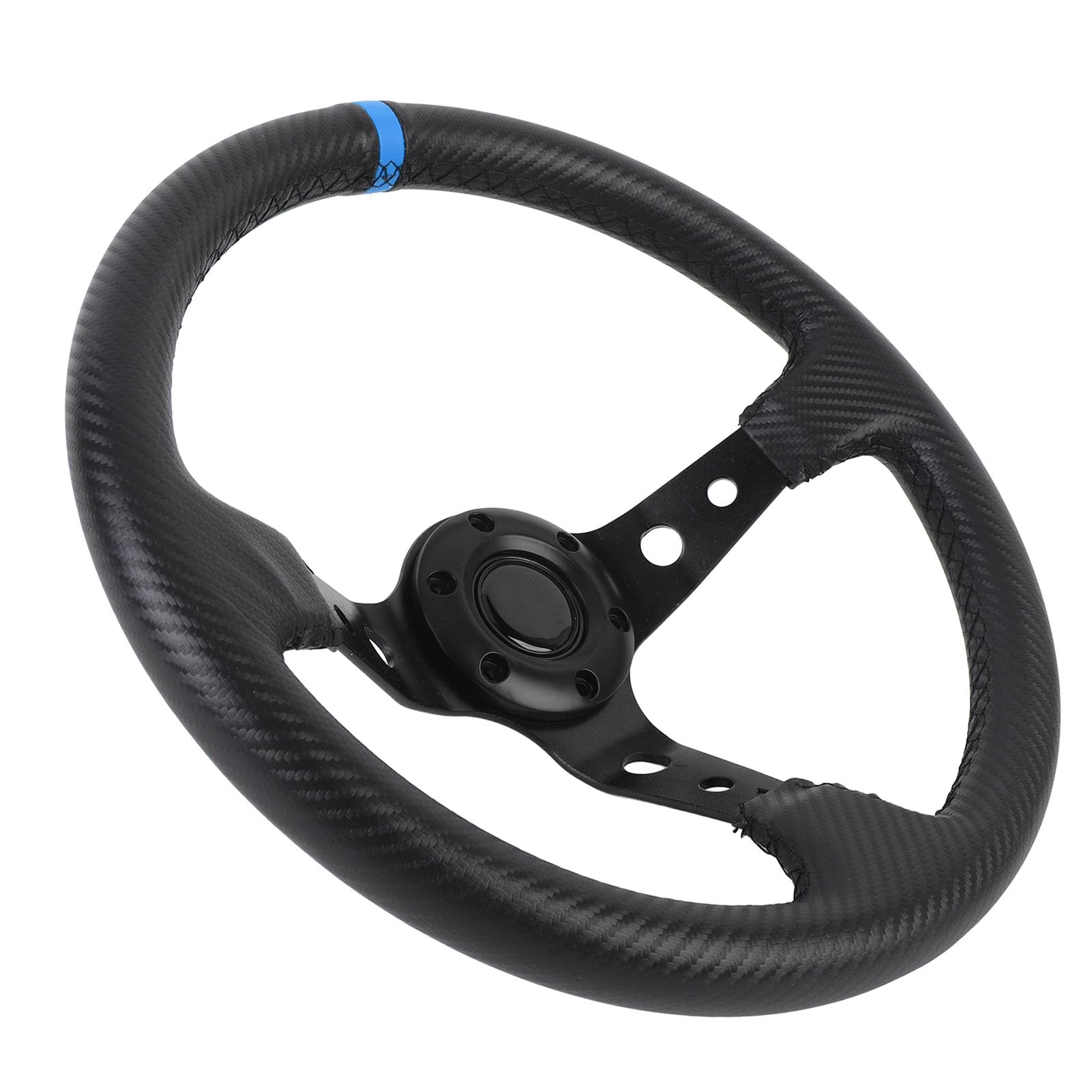 Volante da da 14 pollici, volante sportivo universale a profilo profondo con pulsante per clacson, telaio in alluminio con aspetto in fibra di carbonio rivestito in pelle PU (Blu)