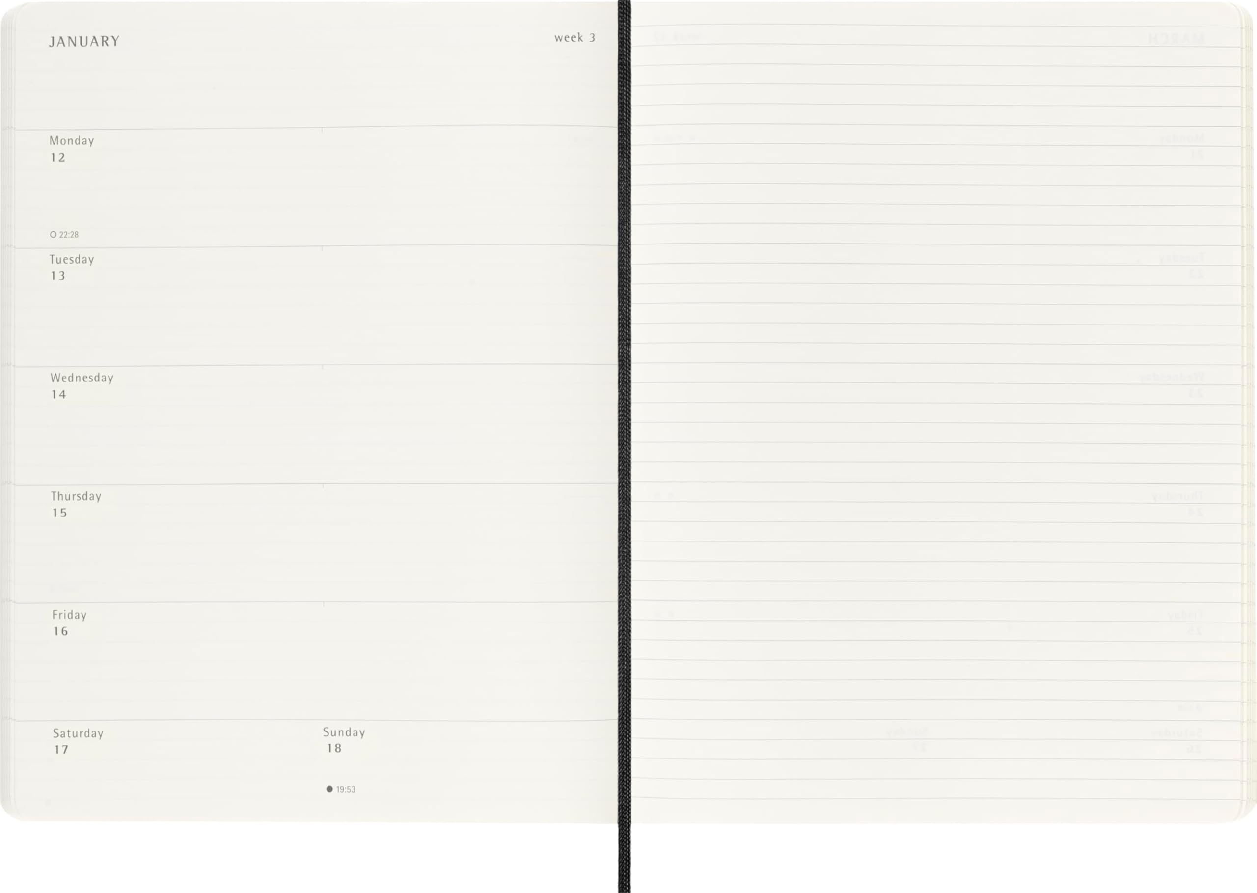 Moleskine 18 Monate Wochenkalender 2025/2026, XL, 1 Wo = 1 Seite, Rechts Linierte Seite, Weicher Einband, Schwarz