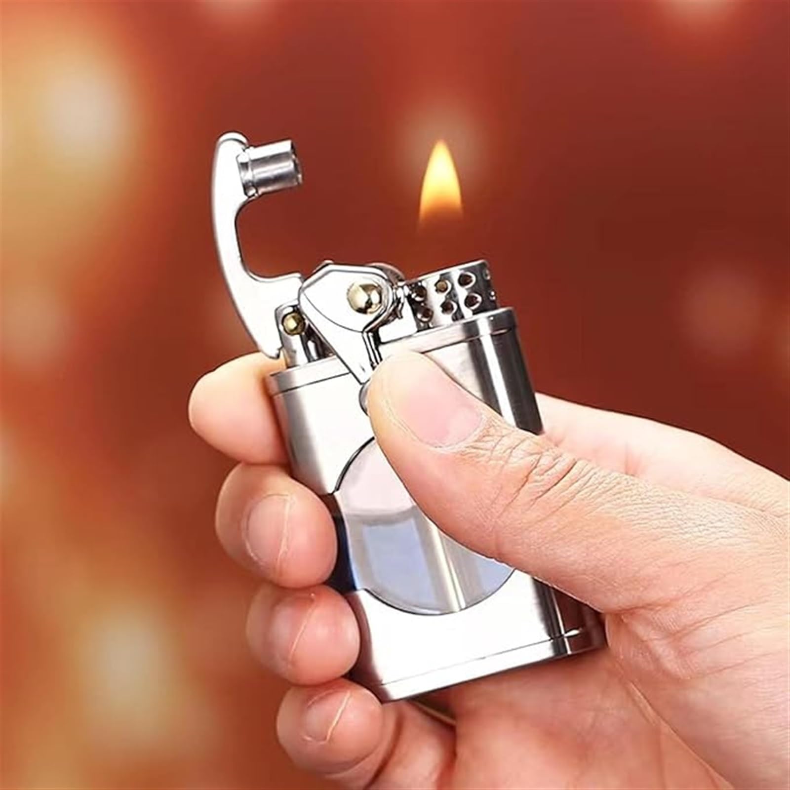 Encendedor portátil de metal con encendido basculante, ventana de combustible de queroseno, ideal para barbacoa, camping y velas, para hombres (combustible no incluido)