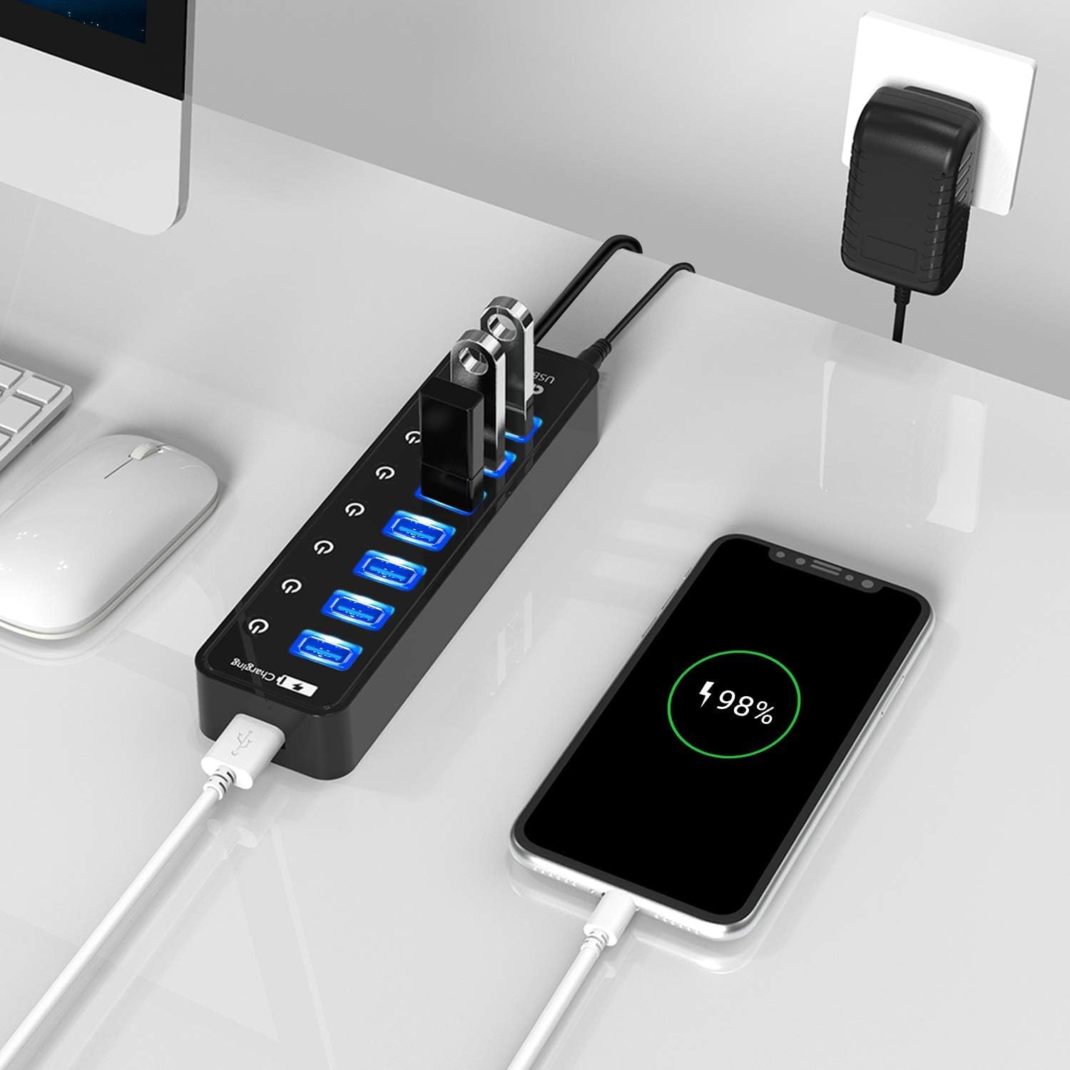 Atolla Hub USB 3.0 actif avec bloc d'alimentation, 7 ports USB 3.0 Hub de données actif avec interrupteur et 1 port de charge intelligent et adaptateur d'alimentation 20 W (5 V/4 A)
