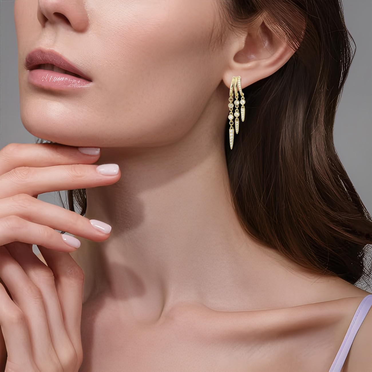 Emibele Huggie Dangle Earrings for Women, Non Tarnish Triple Hoop Drop Earrings with Cubic Zirconia, Trendy Hypoallergenic Long Chain Huggie Earrings Fashion Jewelry Gifts - Image 4