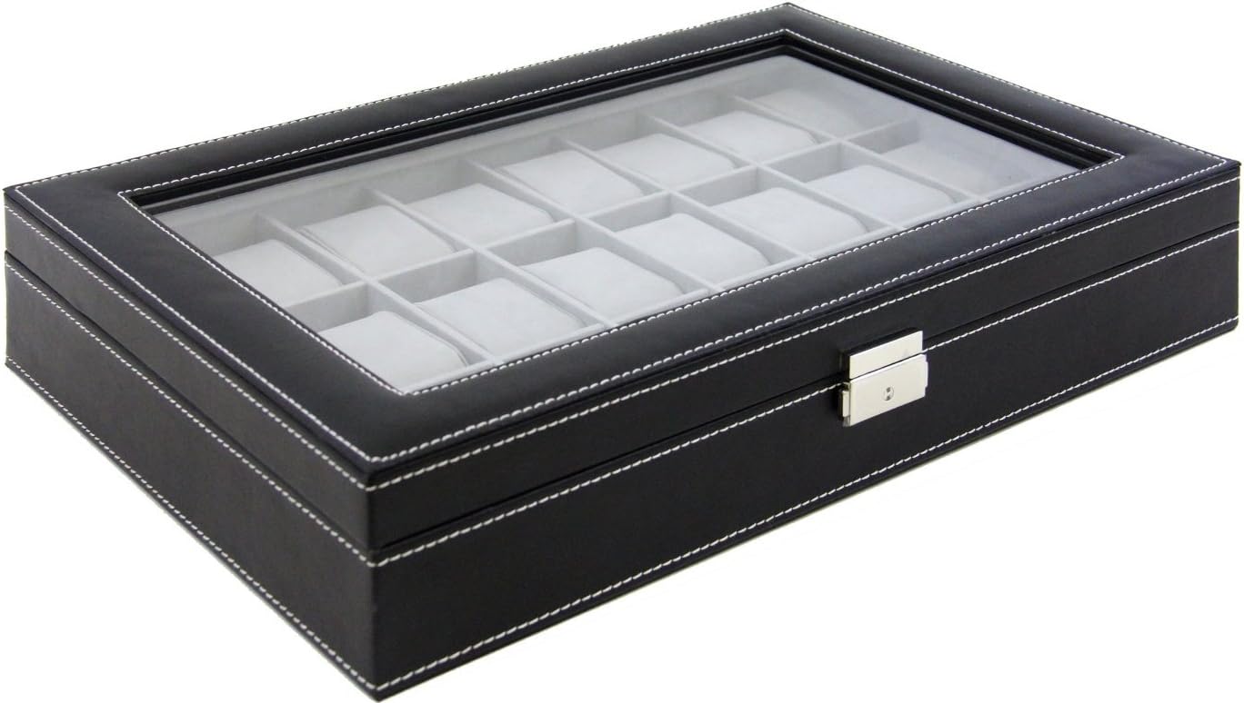 TMS® Black Leather 24 Mens Watch Box Large Glass Top Display Jewelry Case Organizer