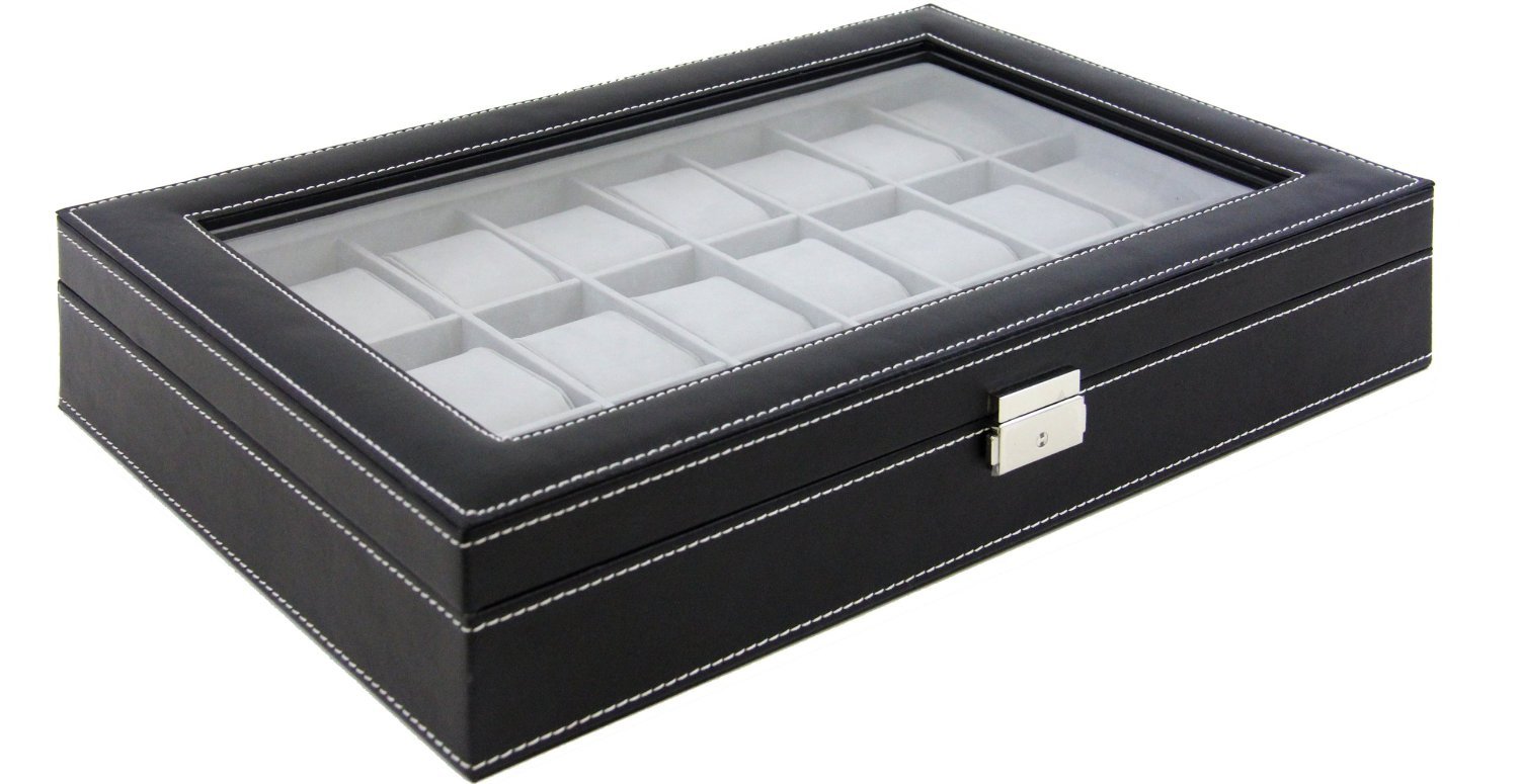 TMS® Black Leather 24 Mens Watch Box Large Glass Top Display Jewelry Case Organizer
