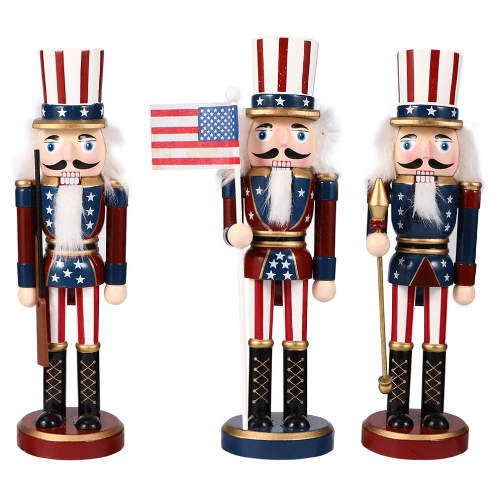 ABOOFAN 3pcs American Independence Day Nutcracker Patriotic Nutcracker Statue King Soldier Figurine with USA Flag 4th of July Puppets Figures Dolls Memorial Day Decor