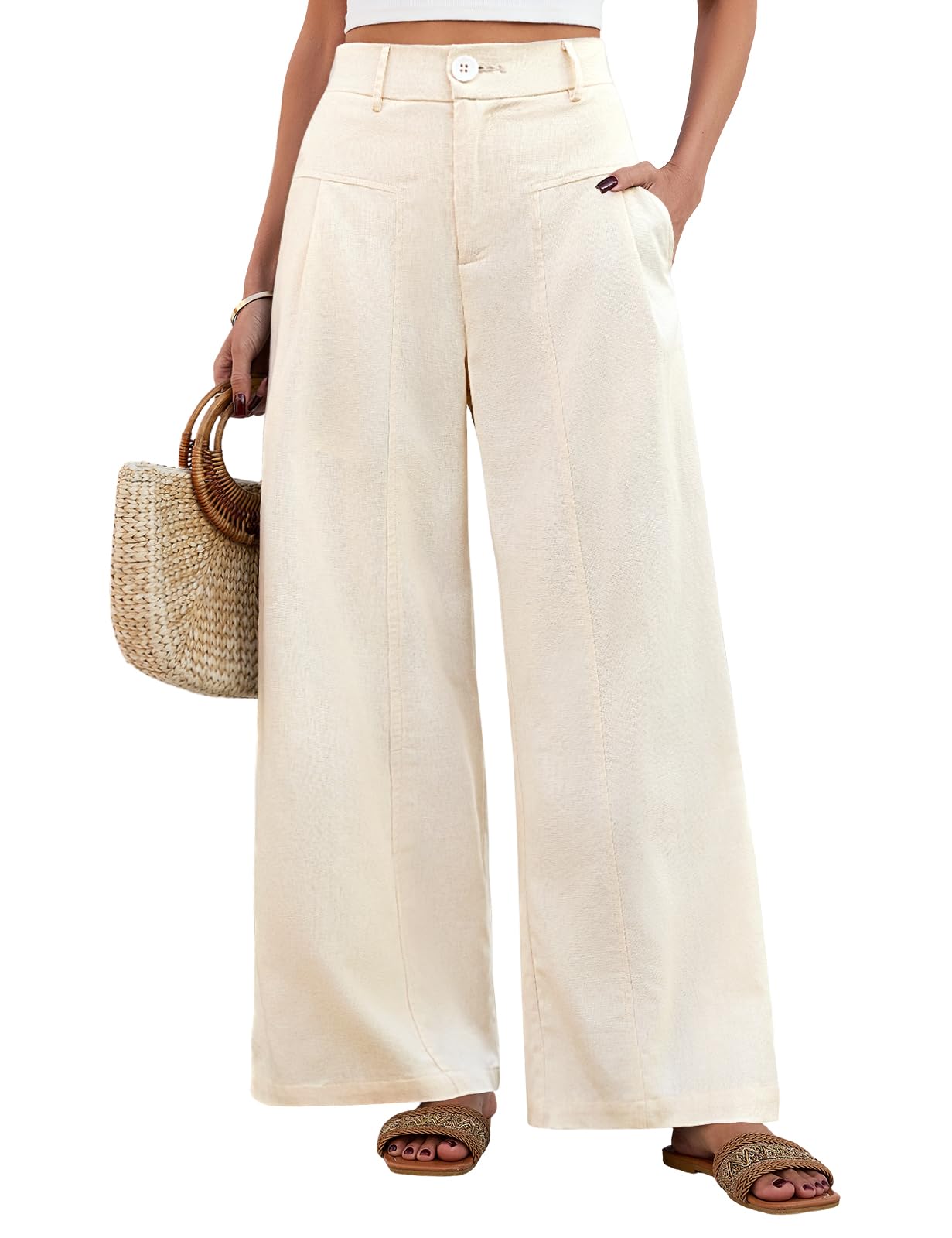 HEEKPEK Pantalon Lino Mujer Pantalones de Verano Mujer Casuales Fluido Largo Cintura Alta Elástico con Botones Comodo Suelto Anchas con Bolsillos Palazzo — view 7