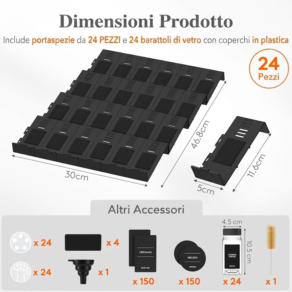 Lifewit Organizer Spezie per Cassetti 24 pezzi con 24 Bottiglie, Portaspezie Salvaspazio Regolabile e Combinabile per Cucina, Antiscivolante Porta spezie da Appoggio, Accessori Cucina Utili, Nero