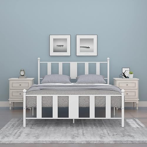 Miniatura 13 de Base de cama de metal tamaño Queen con cabecero y estribo de estilo vintage victoriano, base de cama no necesita somier, cama de plataforma con 10