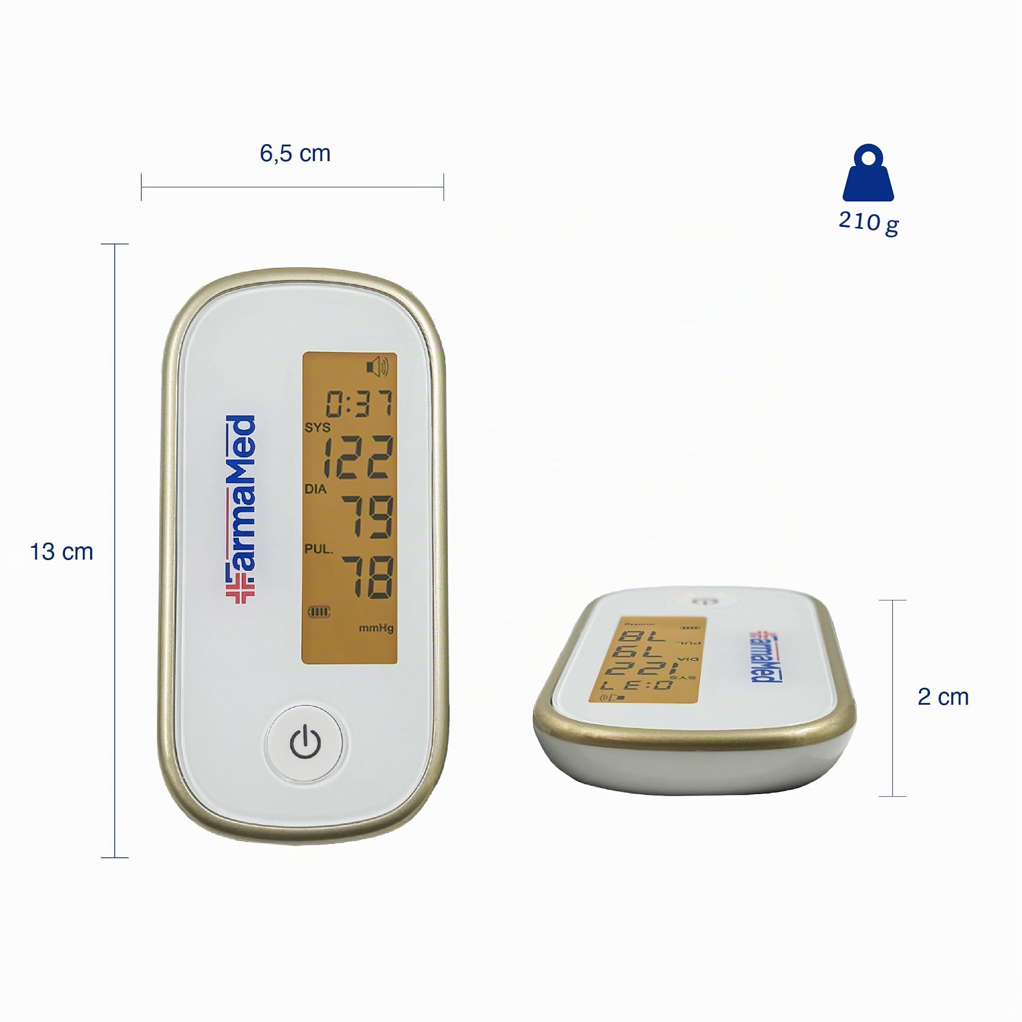 Tensiómetro digital sin cable para el brazo FarmaMed, esfigmomanómetro digital para el brazo, diastólica y sistólica, frecuencia cardiaca, 90 memorias, pantalla LCD, carga USB, con estuche