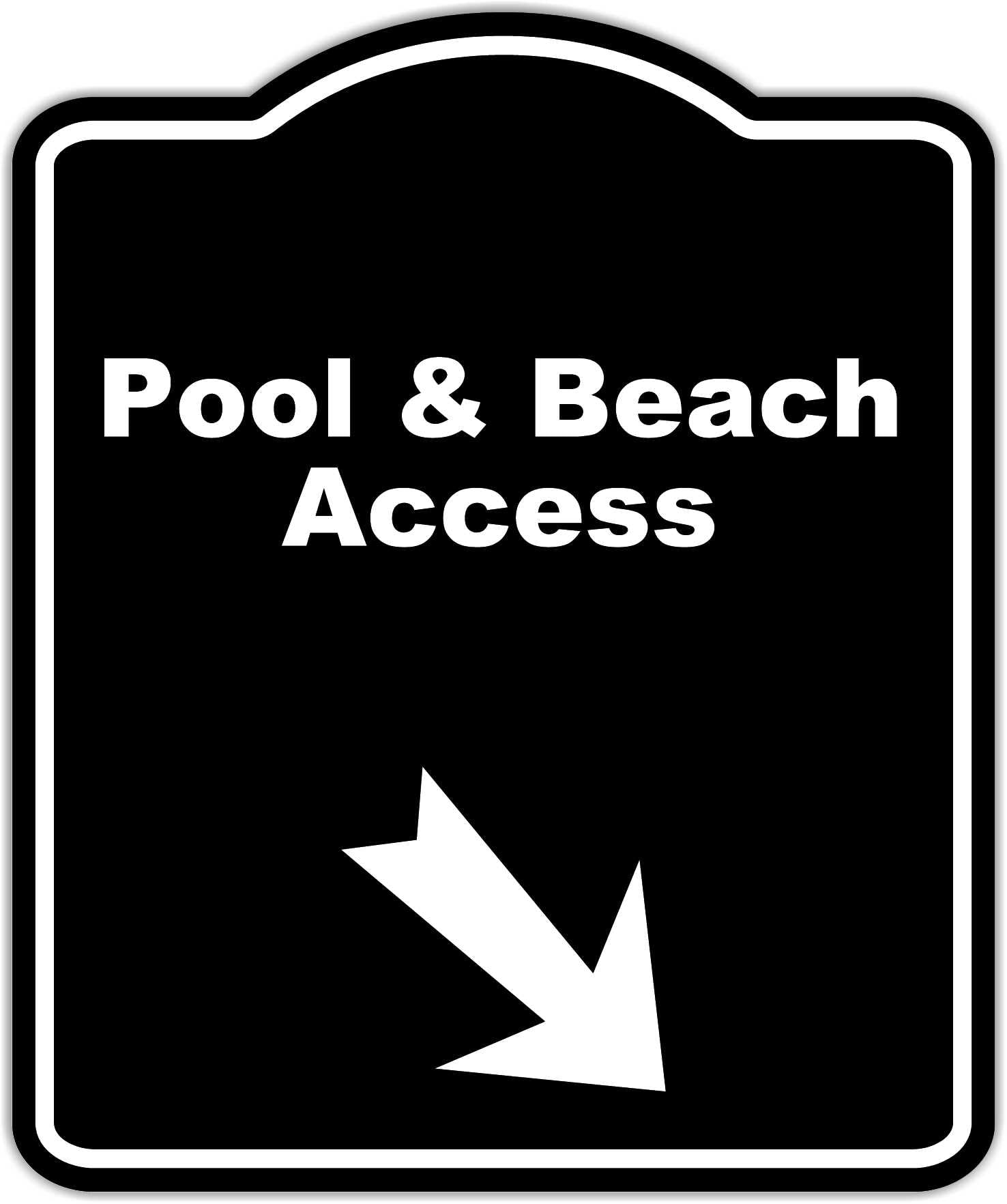 Pool & Beach Access Black Sign Arrow Down Right Aluminum Composite Sign 15 x 18 inches