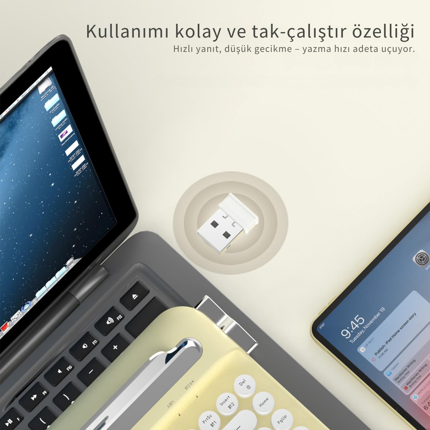 Coverzone Kablosuz Bluetooth & 2.4G Çift Modlu Retro Daktilo